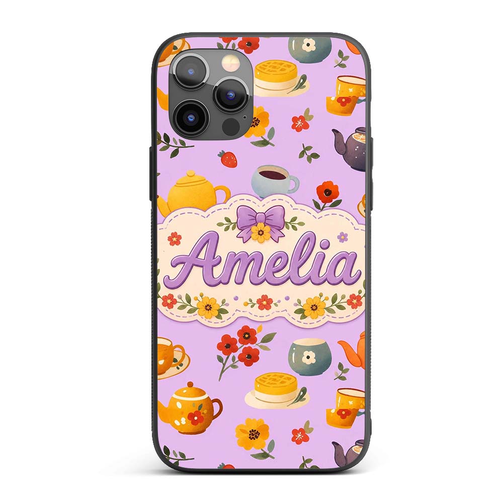 Cute Vintage Teapot Floral Tea Cups Strawberry Custom Name Protective Phone Case Mobile Cover Durable Everyday Smartphone Shock Resistant