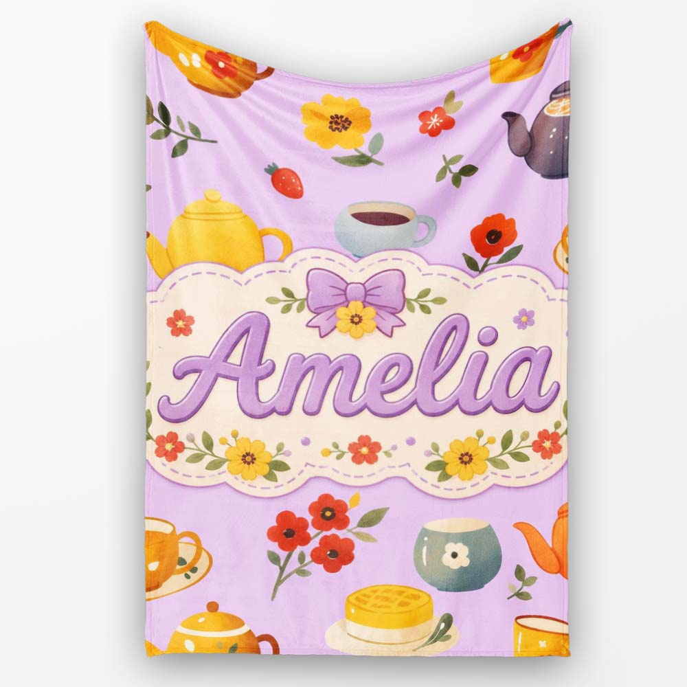 Cute Vintage Teapot Floral Tea Cups Strawberry Garden Purple  Personalised Custom Name Super Soft Fleece Blanket Bed Sofa Throw