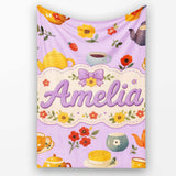 Cute Vintage Teapot Floral Tea Cups Strawberry Garden Purple  Personalised Custom Name Super Soft Fleece Blanket Bed Sofa Throw