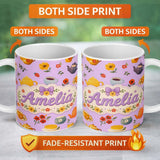 Personalized Custom Name Cute Vintage Teapot Floral Tea Cups Strawberry Garden Purple 11oz Ceramic Coffee Tea Mug White Large Handle