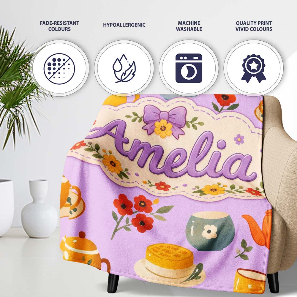 Cute Vintage Teapot Floral Tea Cups Strawberry Garden Purple  Personalised Custom Name Super Soft Fleece Blanket Bed Sofa Throw