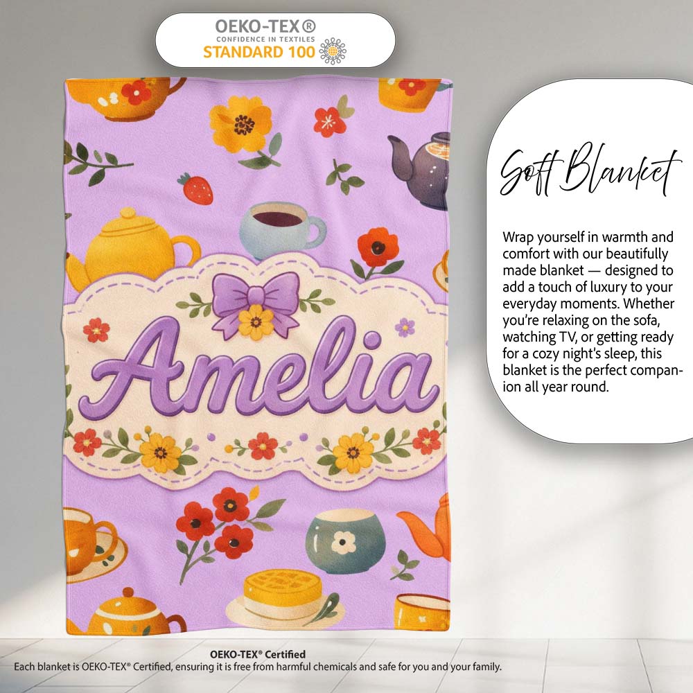 Cute Vintage Teapot Floral Tea Cups Strawberry Garden Purple  Personalised Custom Name Super Soft Fleece Blanket Bed Sofa Throw