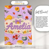 Cute Vintage Teapot Floral Tea Cups Strawberry Garden Purple  Personalised Custom Name Super Soft Fleece Blanket Bed Sofa Throw
