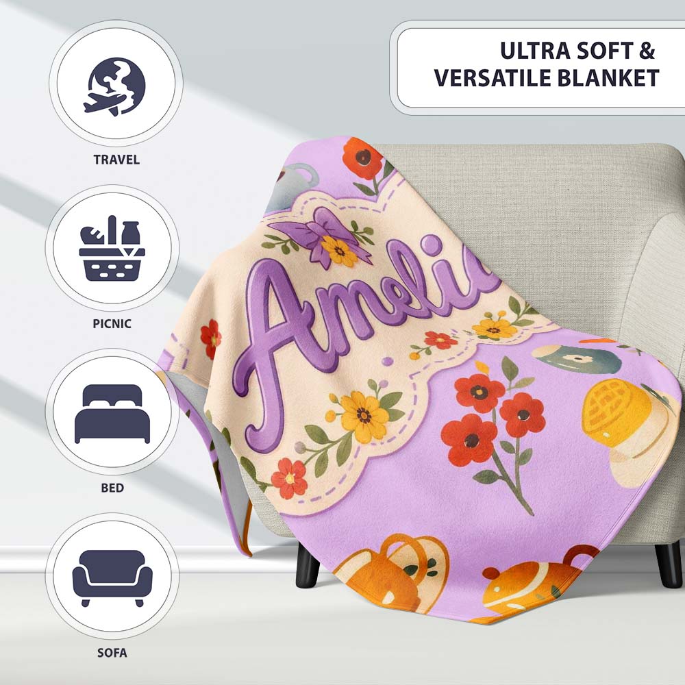 Cute Vintage Teapot Floral Tea Cups Strawberry Garden Purple  Personalised Custom Name Super Soft Fleece Blanket Bed Sofa Throw
