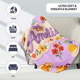 Cute Vintage Teapot Floral Tea Cups Strawberry Garden Purple  Personalised Custom Name Super Soft Fleece Blanket Bed Sofa Throw