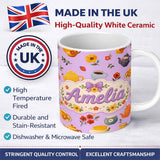 Personalized Custom Name Cute Vintage Teapot Floral Tea Cups Strawberry Garden Purple 11oz Ceramic Coffee Tea Mug White Large Handle