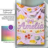 Cute Vintage Teapot Floral Tea Cups Strawberry Garden Purple  Personalised Custom Name Super Soft Fleece Blanket Bed Sofa Throw