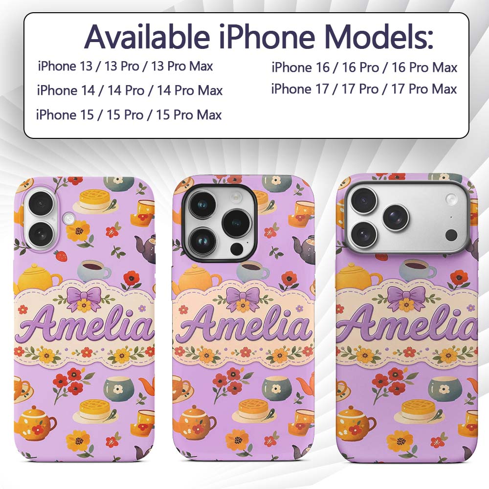 Cute Vintage Teapot Floral Tea Cups Strawberry Custom Name Protective Phone Case Mobile Cover Durable Everyday Smartphone Shock Resistant