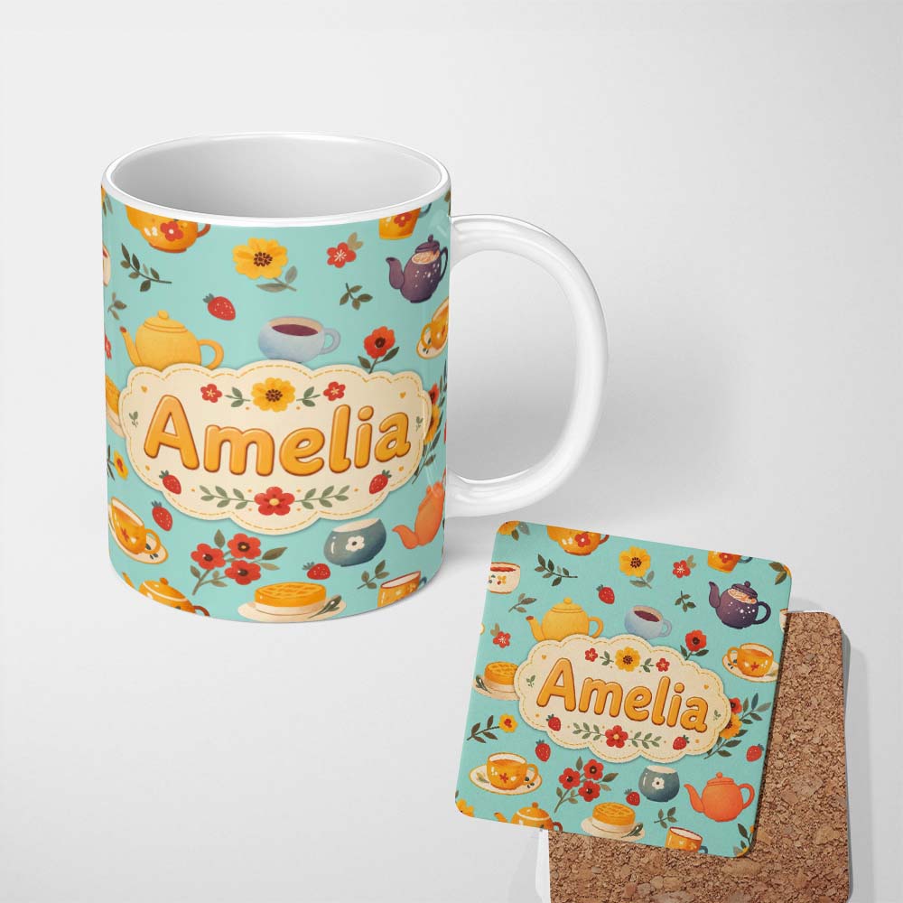 Personalized Custom Name Cute Vintage Teapot Floral Tea Cups Strawberry Garden Blue 11oz Ceramic Coffee Tea Mug White Large Handle