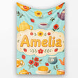 Cute Vintage Teapot Floral Tea Cups Strawberry Garden Blue  Personalised Custom Name Super Soft Fleece Blanket Bed Sofa Throw