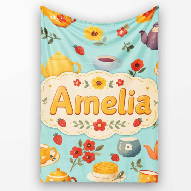 Cute Vintage Teapot Floral Tea Cups Strawberry Garden Blue  Personalised Custom Name Super Soft Fleece Blanket Bed Sofa Throw