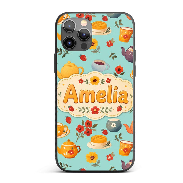 Cute Vintage Teapot Floral Tea Cups Strawberry Custom Name Protective Phone Case Mobile Cover Durable Everyday Smartphone Shock Resistant