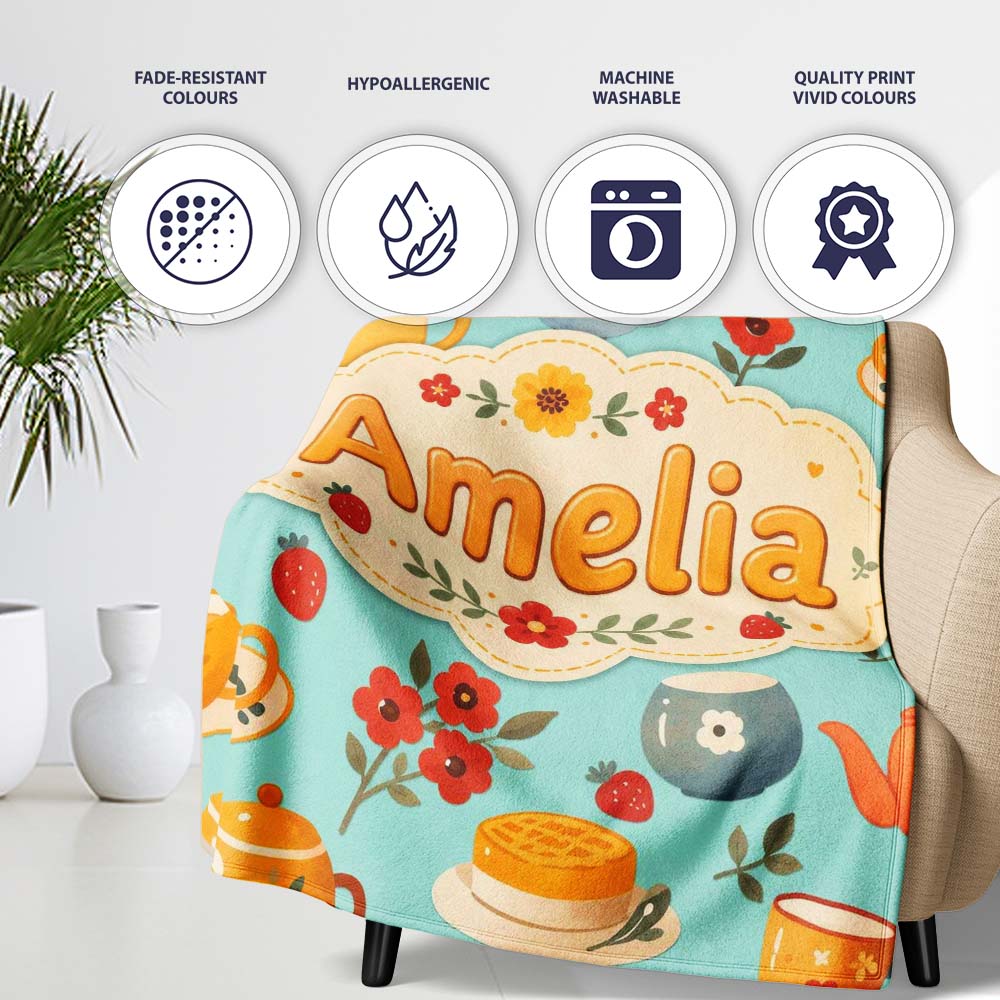 Cute Vintage Teapot Floral Tea Cups Strawberry Garden Blue  Personalised Custom Name Super Soft Fleece Blanket Bed Sofa Throw