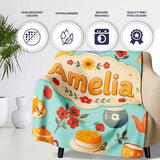 Cute Vintage Teapot Floral Tea Cups Strawberry Garden Blue  Personalised Custom Name Super Soft Fleece Blanket Bed Sofa Throw