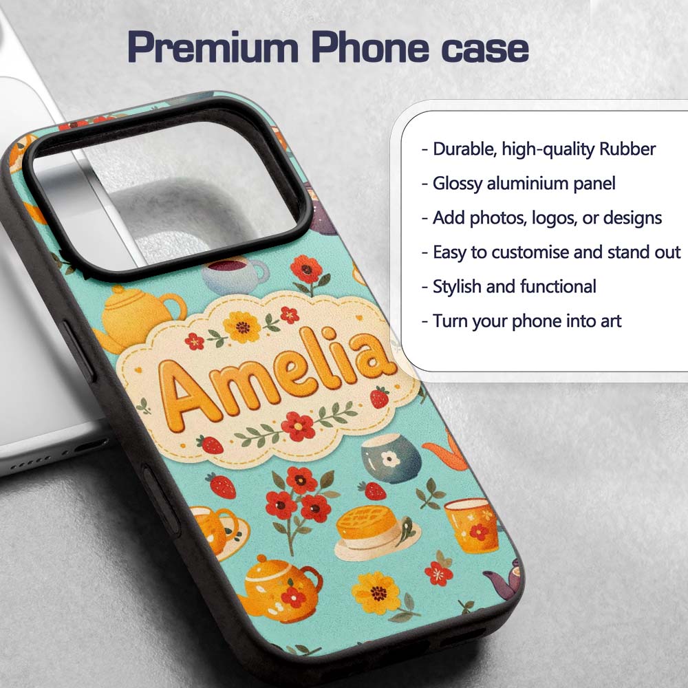 Cute Vintage Teapot Floral Tea Cups Strawberry Custom Name Protective Phone Case Mobile Cover Durable Everyday Smartphone Shock Resistant