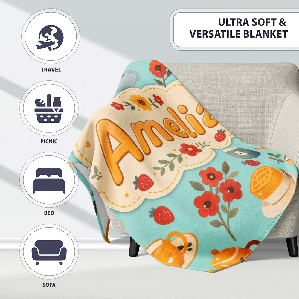 Cute Vintage Teapot Floral Tea Cups Strawberry Garden Blue  Personalised Custom Name Super Soft Fleece Blanket Bed Sofa Throw