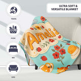 Cute Vintage Teapot Floral Tea Cups Strawberry Garden Blue  Personalised Custom Name Super Soft Fleece Blanket Bed Sofa Throw