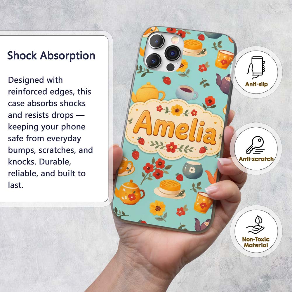 Cute Vintage Teapot Floral Tea Cups Strawberry Custom Name Protective Phone Case Mobile Cover Durable Everyday Smartphone Shock Resistant