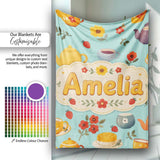 Cute Vintage Teapot Floral Tea Cups Strawberry Garden Blue  Personalised Custom Name Super Soft Fleece Blanket Bed Sofa Throw