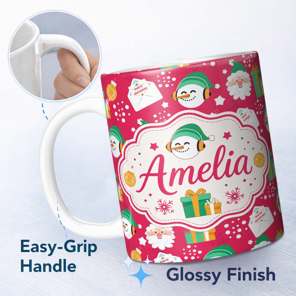 Personalized Custom Name Cute Santa Snowman Gift Merry Christmas Seamless Pattern Lovely 11oz Ceramic Coffee Tea Mug White Large Handle