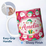 Personalized Custom Name Cute Santa Snowman Gift Merry Christmas Seamless Pattern Lovely 11oz Ceramic Coffee Tea Mug White Large Handle