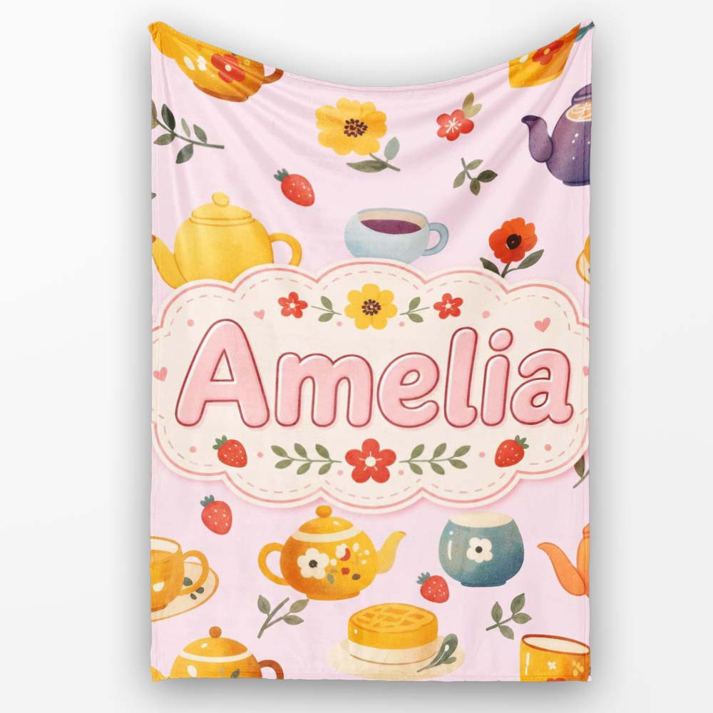 Cute Vintage Teapot Floral Tea Cups Strawberry Garden Pink  Personalised Custom Name Super Soft Fleece Blanket Bed Sofa Throw