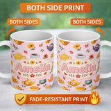 Personalized Custom Name Cute Vintage Teapot Floral Tea Cups Strawberry Garden Pink 11oz Ceramic Coffee Tea Mug White Large Handle
