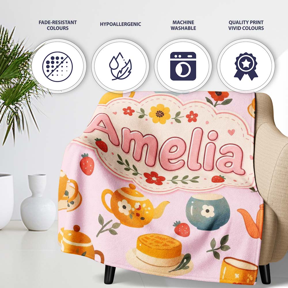 Cute Vintage Teapot Floral Tea Cups Strawberry Garden Pink  Personalised Custom Name Super Soft Fleece Blanket Bed Sofa Throw