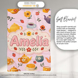 Cute Vintage Teapot Floral Tea Cups Strawberry Garden Pink  Personalised Custom Name Super Soft Fleece Blanket Bed Sofa Throw