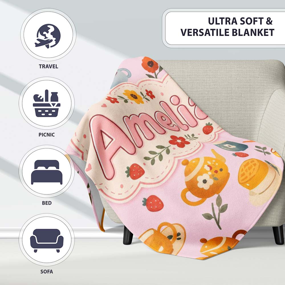 Cute Vintage Teapot Floral Tea Cups Strawberry Garden Pink  Personalised Custom Name Super Soft Fleece Blanket Bed Sofa Throw