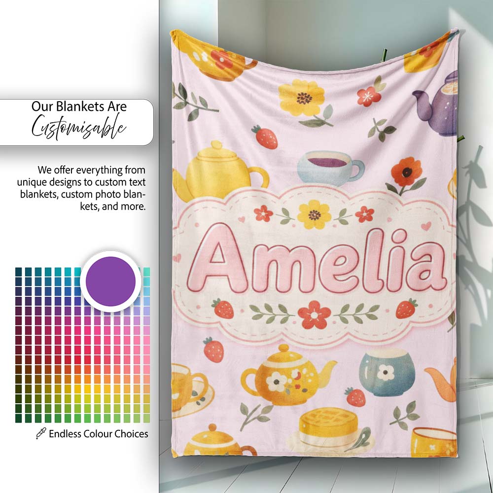 Cute Vintage Teapot Floral Tea Cups Strawberry Garden Pink  Personalised Custom Name Super Soft Fleece Blanket Bed Sofa Throw