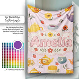 Cute Vintage Teapot Floral Tea Cups Strawberry Garden Pink  Personalised Custom Name Super Soft Fleece Blanket Bed Sofa Throw