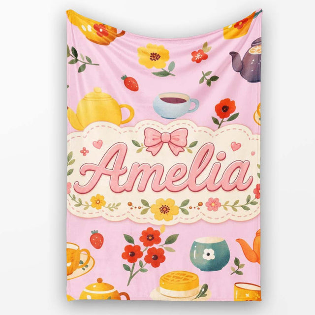 Cute Vintage Teapot Floral Tea Cups Strawberry Garden Rose  Personalised Custom Name Super Soft Fleece Blanket Bed Sofa Throw