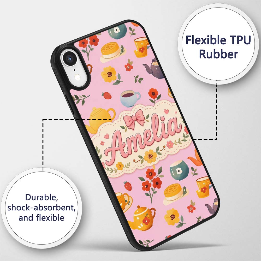 Cute Vintage Teapot Floral Tea Cups Strawberry Custom Name Protective Phone Case Mobile Cover Durable Everyday Smartphone Shock Resistant