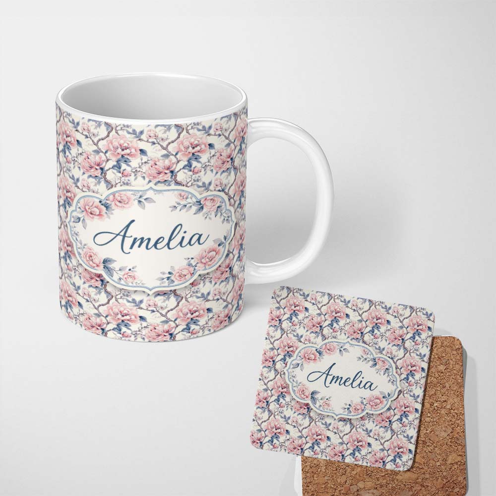 Personalized Custom Name Vintage Pink Peony Floral Branch Seamless Pattern Cute Unique Gift 11oz Ceramic Coffee Tea Mug White Large Handle