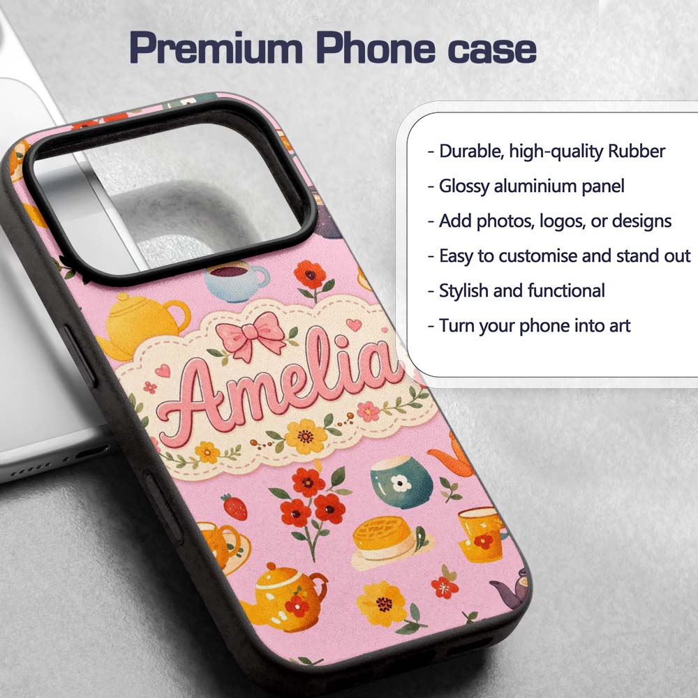 Cute Vintage Teapot Floral Tea Cups Strawberry Custom Name Protective Phone Case Mobile Cover Durable Everyday Smartphone Shock Resistant