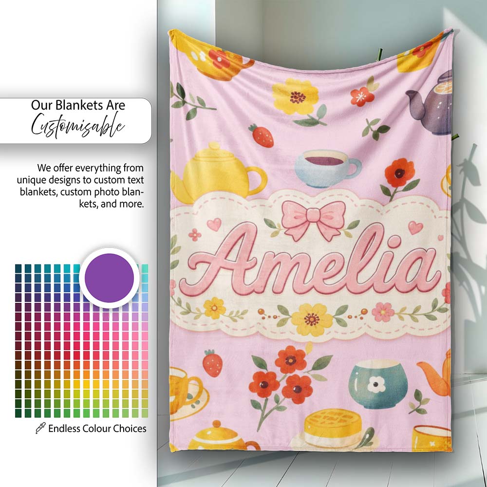 Cute Vintage Teapot Floral Tea Cups Strawberry Garden Rose  Personalised Custom Name Super Soft Fleece Blanket Bed Sofa Throw