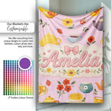 Cute Vintage Teapot Floral Tea Cups Strawberry Garden Rose  Personalised Custom Name Super Soft Fleece Blanket Bed Sofa Throw