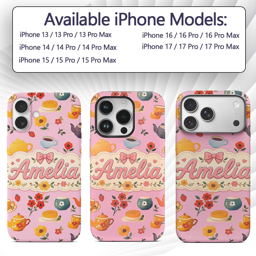 Cute Vintage Teapot Floral Tea Cups Strawberry Custom Name Protective Phone Case Mobile Cover Durable Everyday Smartphone Shock Resistant