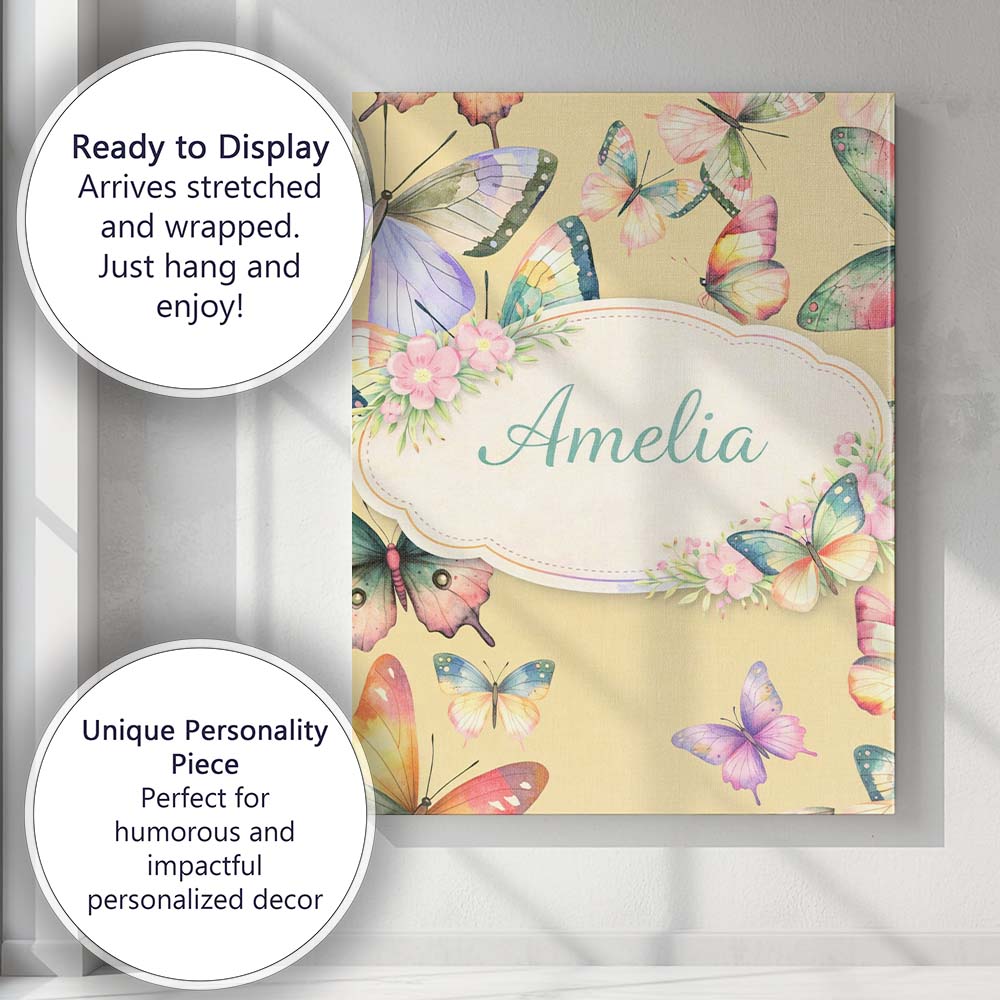 Personalised Name Watercolor Butterfly Leaf Botanical Seamless Custom Modern Room Accent Canvas Wall Art Print Decor Picture Ready to Hang