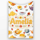 Cute Vintage Teapot Floral Tea Cups Strawberry Garden Grey  Personalised Custom Name Super Soft Fleece Blanket Bed Sofa Throw