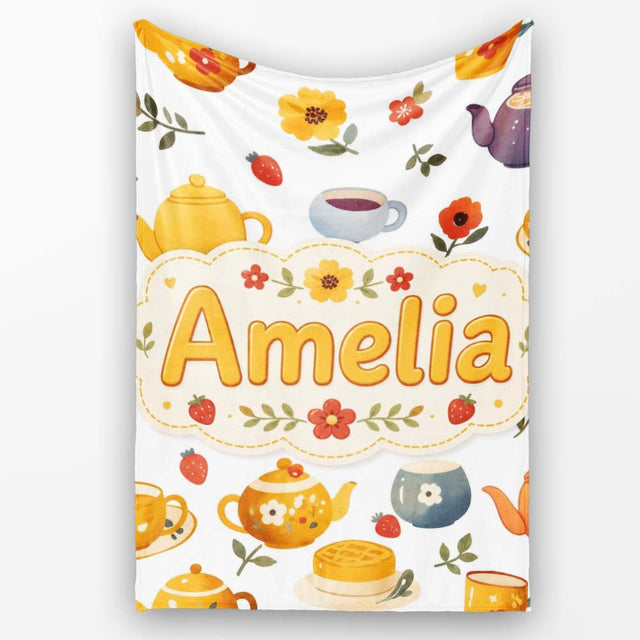 Cute Vintage Teapot Floral Tea Cups Strawberry Garden Grey  Personalised Custom Name Super Soft Fleece Blanket Bed Sofa Throw