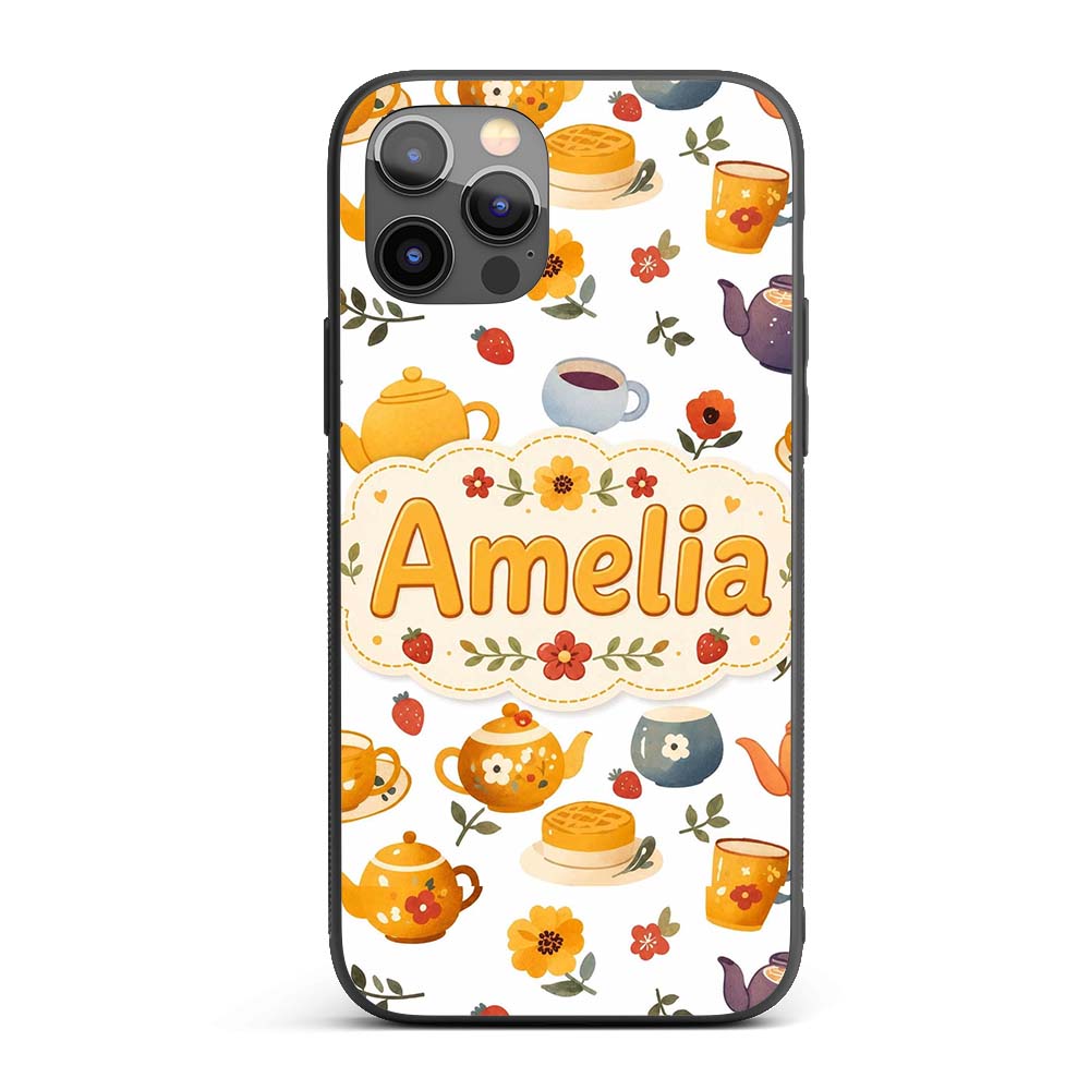 Cute Vintage Teapot Floral Tea Cups Strawberry Custom Name Protective Phone Case Mobile Cover Durable Everyday Smartphone Shock Resistant