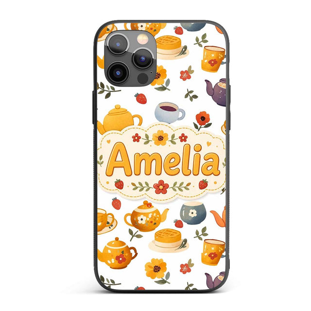 Cute Vintage Teapot Floral Tea Cups Strawberry Custom Name Protective Phone Case Mobile Cover Durable Everyday Smartphone Shock Resistant
