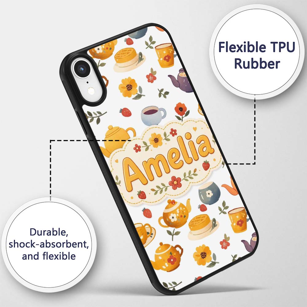 Cute Vintage Teapot Floral Tea Cups Strawberry Custom Name Protective Phone Case Mobile Cover Durable Everyday Smartphone Shock Resistant