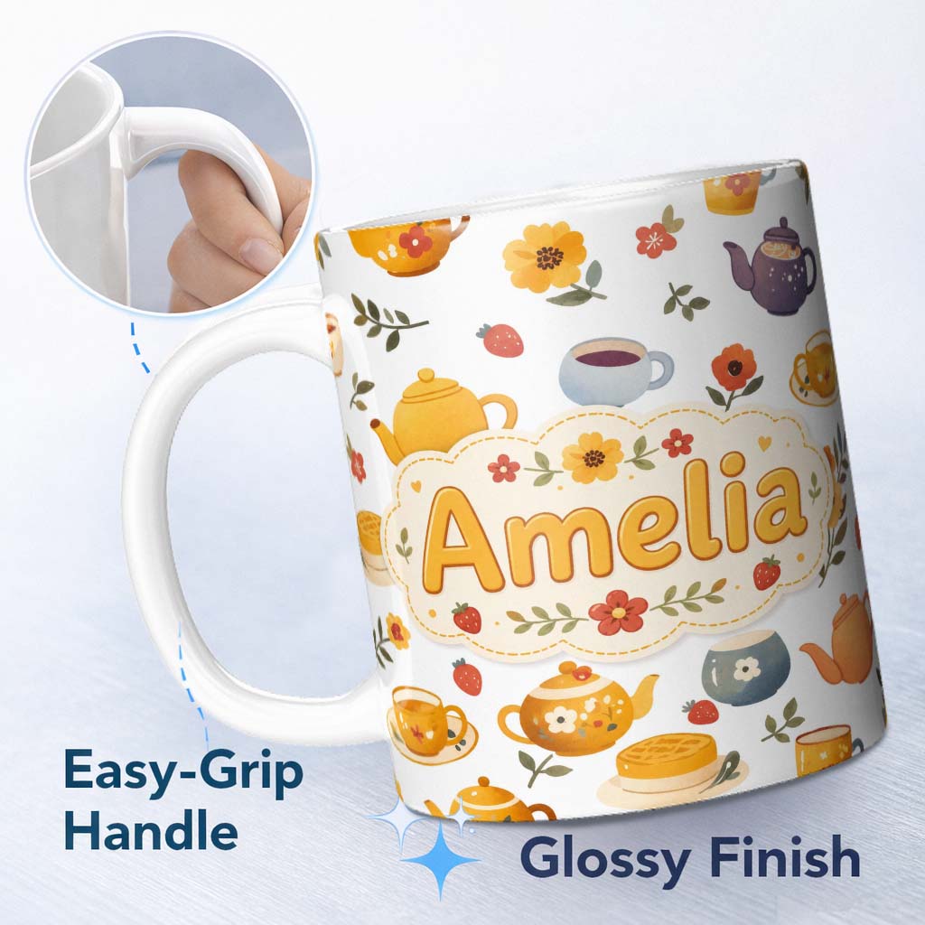 Personalized Custom Name Cute Vintage Teapot Floral Tea Cups Strawberry Garden Grey 11oz Ceramic Coffee Tea Mug White Large Handle