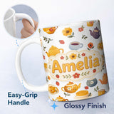 Personalized Custom Name Cute Vintage Teapot Floral Tea Cups Strawberry Garden Grey 11oz Ceramic Coffee Tea Mug White Large Handle
