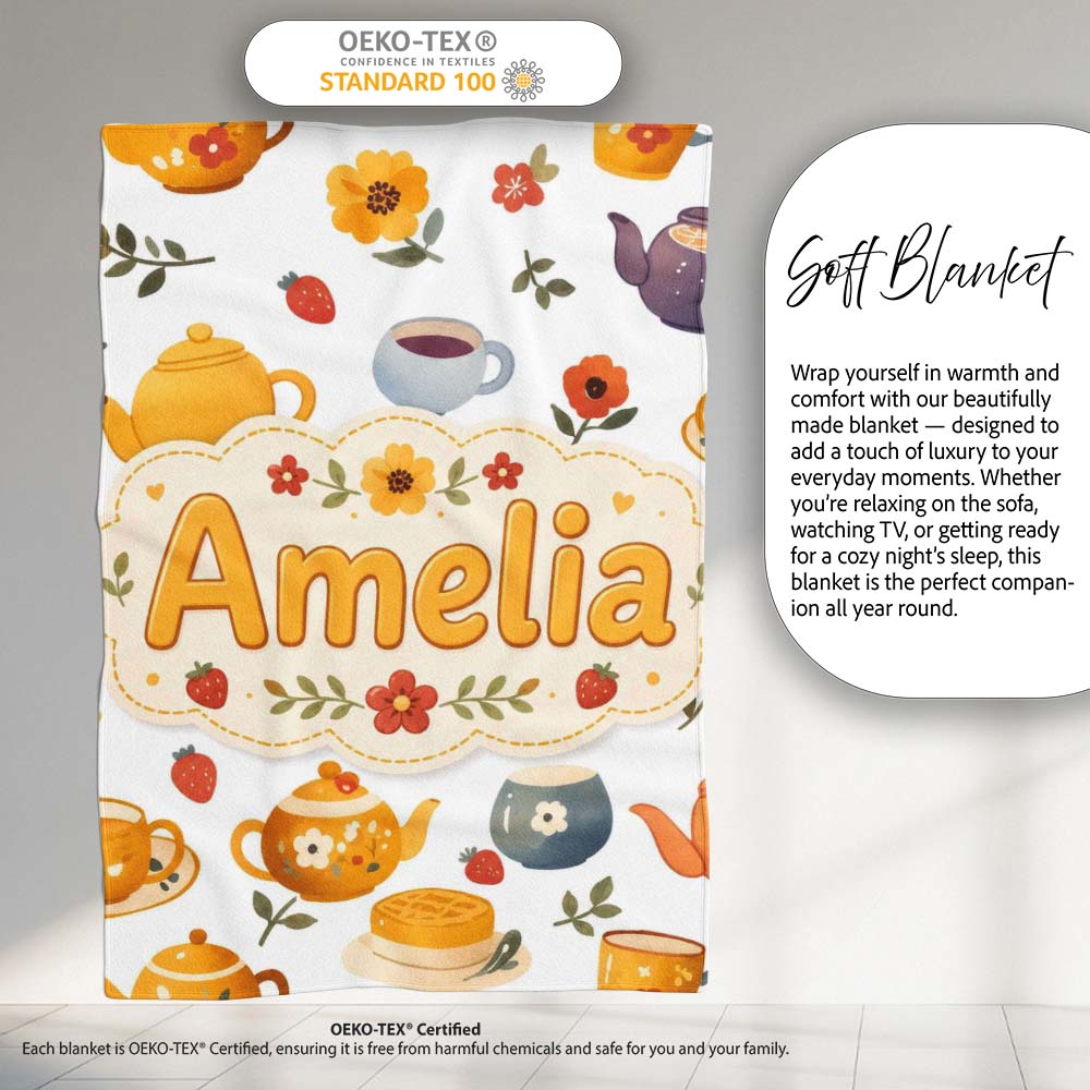Cute Vintage Teapot Floral Tea Cups Strawberry Garden Grey  Personalised Custom Name Super Soft Fleece Blanket Bed Sofa Throw