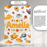 Cute Vintage Teapot Floral Tea Cups Strawberry Garden Grey  Personalised Custom Name Super Soft Fleece Blanket Bed Sofa Throw