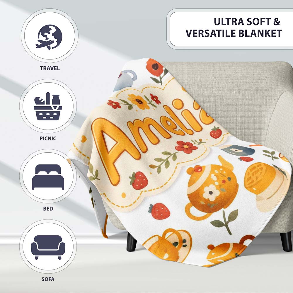 Cute Vintage Teapot Floral Tea Cups Strawberry Garden Grey  Personalised Custom Name Super Soft Fleece Blanket Bed Sofa Throw